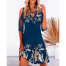 Plants Print Cold Shoulder Casual Dress - purplish blue