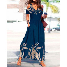 Plants Print Cold Shoulder Maxi Dress - purplish blue