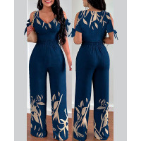 Plants Print Cold Shoulder Top & High Waist Pants Set - purplish blue