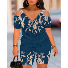 Plants Print Cold Shoulder Top & Shorts Set - blue