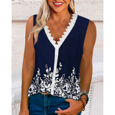 Plants Print Contrast Lace Casual Tank Top - blue