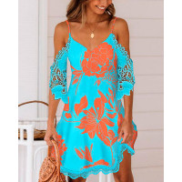 Plants Print Contrast Lace Cold Shoulder Casual Dress - blue