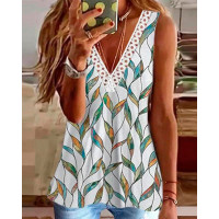 Plants Print Contrast Lace V-Neck Tank Top - white