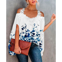 Plants Print Crochet Lace Patch Cold Shoulder Top - blue