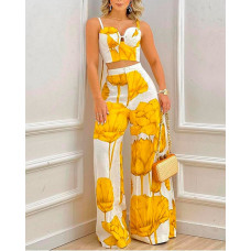 Plants Print Crop Cami Top & Wide Leg Pants Set - yellow