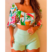 Plants Print Crop Top & Shorts Set - style1