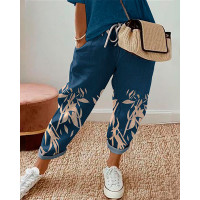 Plants Print Drawstring Pocket Design Cuffed Pants - blue