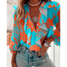 Plants Print Flounce Sleeve Ruffle Hem Top - blue