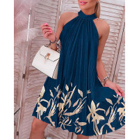 Plants Print Halter Pleated Casual Dress - blue