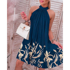 Plants Print Halter Pleated Casual Dress - blue