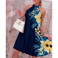 Plants Print Halter Pleated Casual Dress - purplish blue