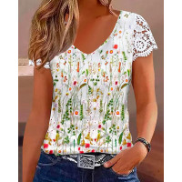 Plants Print Lace Patch Cap Sleeve T-shirt - white