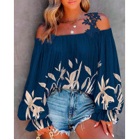 Plants Print Lace Patch Cold Shoulder Top - purplish blue