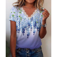 Plants Print Lace Trim Casual T-shirt - blue