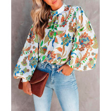 Plants Print Lantern Sleeve Top - white