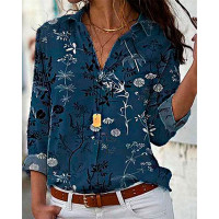 Plants Print Long Sleeve Button Down Shirt - purplish blue