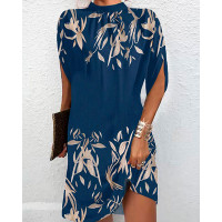 Plants Print Mock Neck Casual Dress - blue