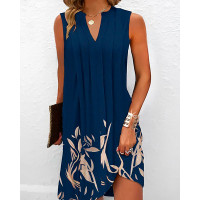 Plants Print Notch Neck Ruched Casual Dress - dark blue