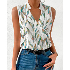 Plants Print Notch Neck Wrap Sleeveless Blouse - white