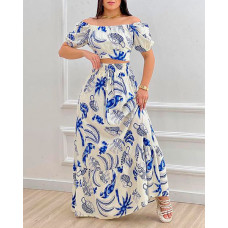 Plants Print Off Shoulder Maxi Dress - blue