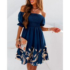 Plants Print Off Shoulder Shirred Swing Dress - purplish blue