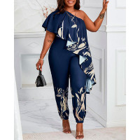 Plants Print One Shoulder Asymmetrical Ruffles Jumpsuit - blue