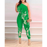 Plants Print One Shoulder Asymmetrical Ruffles Jumpsuit - green