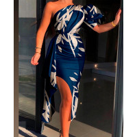 Plants Print One Shoulder Puff Sleeve Slit Dress - purplish blue