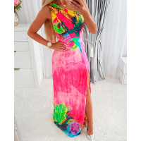 Plants Print One Shoulder Ruched Slit Maxi Dress - pink