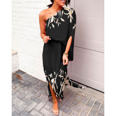 Plants Print One Shoulder Split Hem Maxi Dress - black