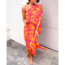 Plants Print One Shoulder Split Hem Maxi Dress - hot pink