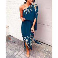 Plants Print One Shoulder Split Hem Maxi Dress - purplish blue