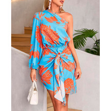 Plants Print One Shoulder Tied Detail Casual Dress - sky blue