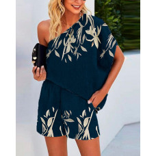 Plants Print One Shoulder Top & Shorts Set - purplish blue