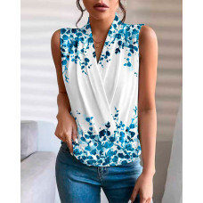 Plants Print Ruched V-Neck Wrap Top - white