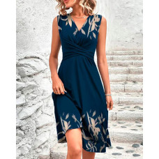 Plants Print Ruched Wrap Casual Dress - dark blue