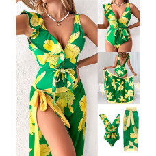 Plants Print Ruffle Hem One-Piece Swimsuit With Cover Up - green