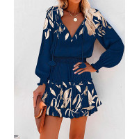 Plants Print Ruffle Hem Shirred Casual Dress - blue