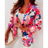 Plants Print Shawl Collar Flap Detail Blazer - hot pink