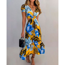 Plants Print Short Sleeve Loose Midi Dress - yellow