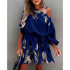 Plants Print Slash Neck Ruched Dress With Belt - purplish blue