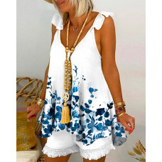 Plants Print Sleeveless Flowy Top & Shorts Set - white