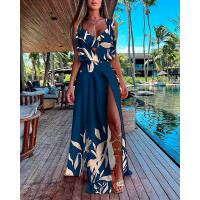 Plants Print Sleeveless High Slit Maxi Dress With Bra Top - dark blue