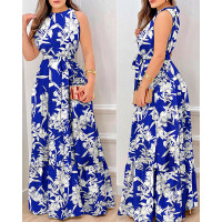 Plants Print Sleeveless Maxi Dress - blue