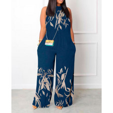 Plants Print Sleeveless Pocket Detail Wide Leg Jumpsuit - blue