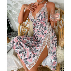 Plants Print Slit Crisscross Backless Lace Sleep Dress - pink