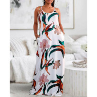 Plants Print Spaghetti Strap Maxi Dress - white