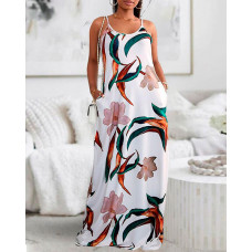 Plants Print Spaghetti Strap Maxi Dress - white