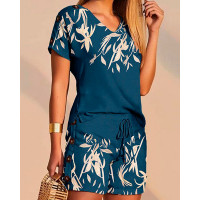 Plants Print T-shirt & Drawstring Shorts Set - blue