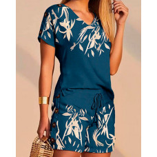 Plants Print T-shirt & Drawstring Shorts Set - blue